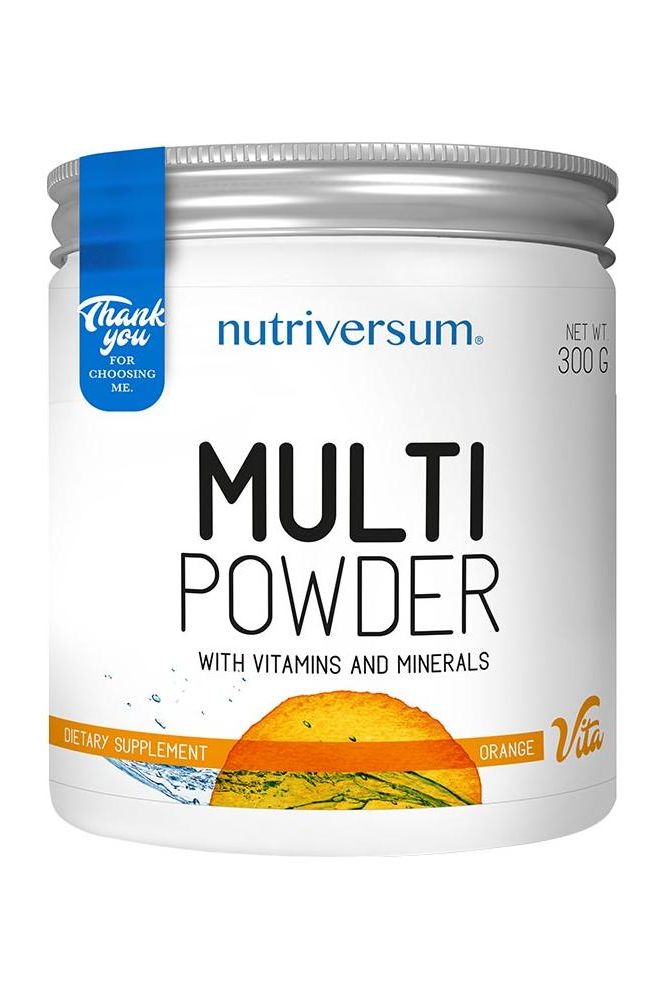 Nutriversum Multi Powder VITA dietary supplement in an orange-flavored powder form, packed with vitamins and minerals.