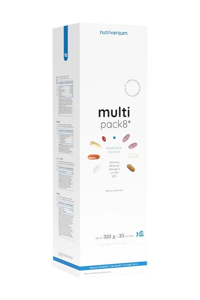 Nutriversum Multi Pack 8 multivitamin package with 12 vitamins, 8 minerals, Omega 3, and Q10 for immune support.