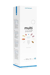 Nutriversum Multi Pack 8 multivitamin package with 12 vitamins, 8 minerals, Omega 3, and Q10 for immune support.