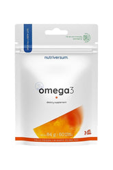 Nutriversum Omega 3 dietary supplement packaging featuring 60 softgels to support heart health.