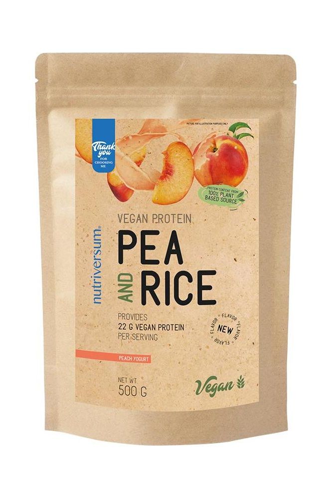 Nutriversum Pea and Rice Vegan Protein, 500g, 22g vegan protein per serving, lactose-free, plant-based formula.