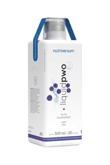 Nutriversum Pwo Liquid in Blue Raspberry flavor, 500 ml, sugar-free pre-workout supplement.