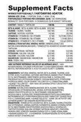 Supplement facts for Nutriversum PWO Liquid FLOW, detailing ingredients and nutritional information.