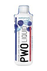 Nutriversum PWO Liquid FLOW pre-workout supplement in a 500ml bottle with refreshing flavors and low caffeine.
