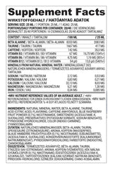 Supplement facts label for Nutriversum PWO Liquid FLOW showing ingredients and nutritional information.