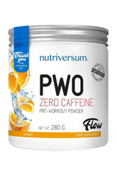 Nutriversum PWO Zero Caffeine pre-workout powder in orange flavor, 280g container, energy boost without caffeine.