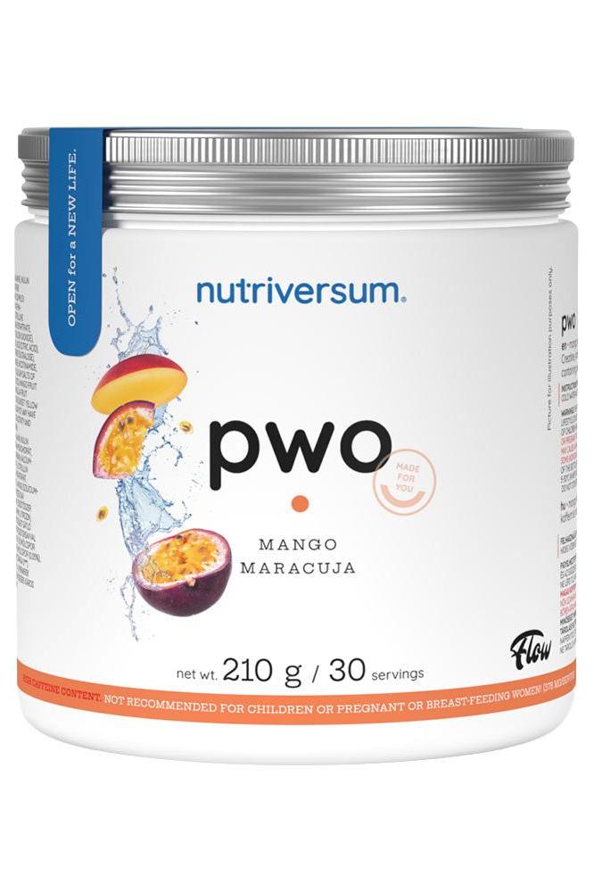 Nutriversum PWO pre-workout supplement in Mango Maracuja flavor, 210g container, features energizing ingredients.