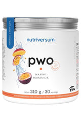 Nutriversum PWO pre-workout supplement in Mango Maracuja flavor, 210g container, features energizing ingredients.