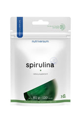 Nutriversum Spirulina dietary supplement packaging, featuring 120 tablets in an eco-friendly pouch.