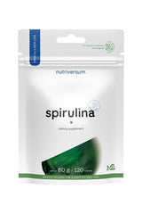 Nutriversum Spirulina dietary supplement packaging, featuring 120 tablets in an eco-friendly pouch.
