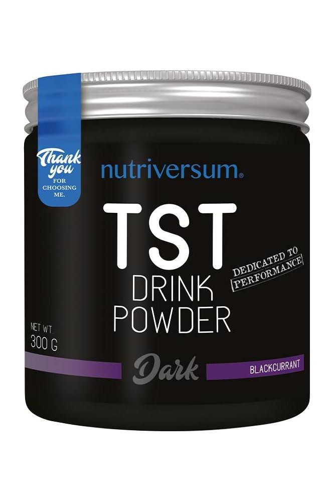 Nutriversum TST Powder in Blackcurrant flavor, 300g jar, designed to boost testosterone and support muscle growth.