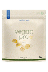 Nutriversum Vegan Pro protein powder packaging with banana flavor, 500g, eco-friendly design.