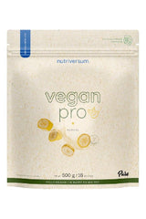 Nutriversum Vegan Pro protein powder packaging with banana flavor, 500g, eco-friendly design.