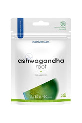 Nutriversum Ashwagandha root food supplement packaging, 60 tablets, in eco-friendly packaging.