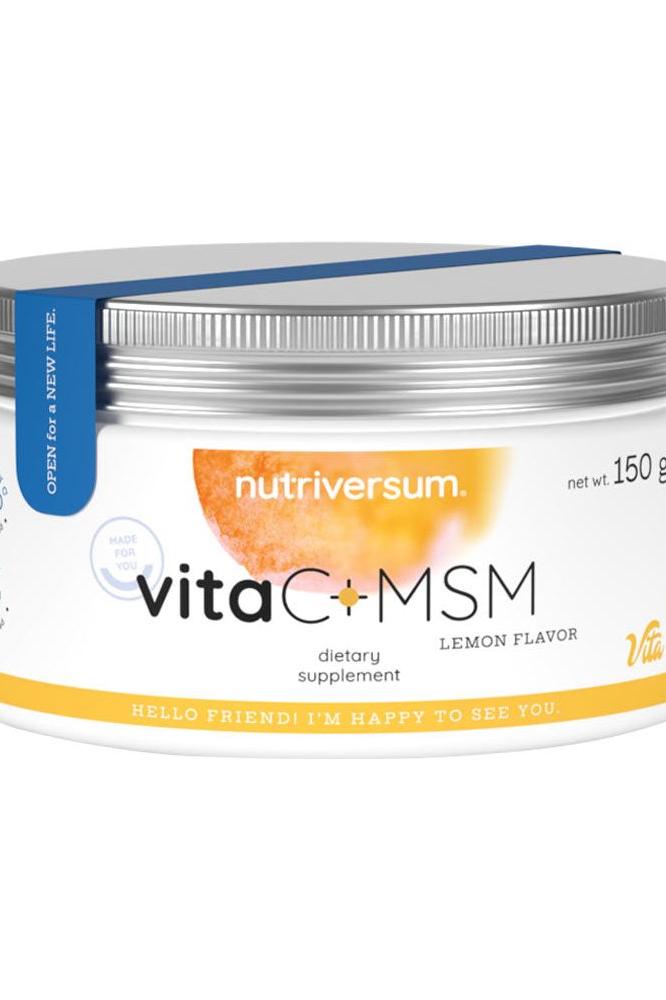 Nutriversum Vita C+MSM dietary supplement, unflavored, 150g container with bright design.