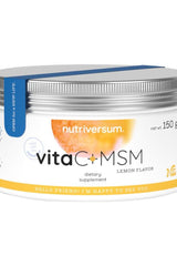 Nutriversum Vita C+MSM dietary supplement, unflavored, 150g container with bright design.