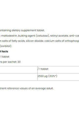 Nutriversum Vitamin A dietary supplement tablet ingredients and nutritional facts.