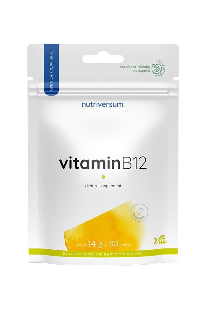 Nutriversum Vitamin B12 dietary supplement packaging, 30 tablets, 250 µg per serving, eco-friendly design.