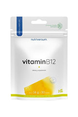 Nutriversum Vitamin B12 dietary supplement packaging, 30 tablets, 250 µg per serving, eco-friendly design.