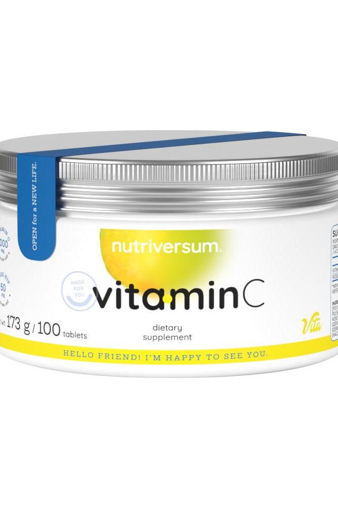 Nutriversum Vitamin C dietary supplement jar with 100 tablets, designed to support immune health and reduce fatigue.