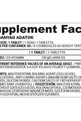 Supplement facts for Nutriversum Vitamin D3 4000 IU, including serving size and ingredients.