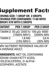 Supplement facts for Nutriversum Vitamin D+E Drops showing servings, vitamin D and E content.