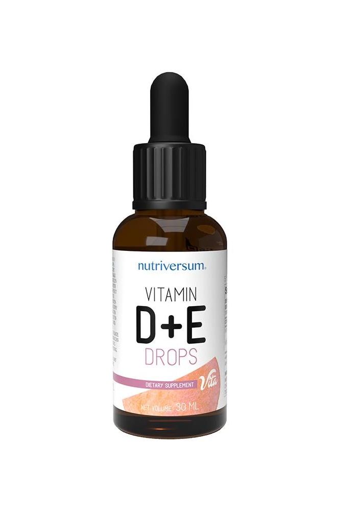 Nutriversum Vitamin D+E Drops 30 ml, unflavored dietary supplement for healthy bones and immune system.