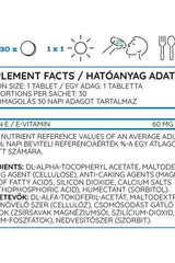 Supplement Facts for Nutriversum Vitamin E tablets detailing ingredients and daily values, highlighting antioxidant benefits.