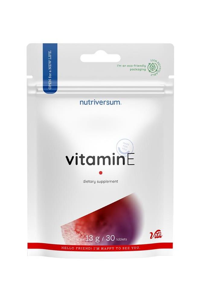 Nutriversum Vitamin E dietary supplement packaging with 30 tablets for antioxidant support.
