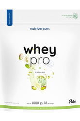 Nutriversum Whey PRO PURE pistachio protein powder package 1000g with 33 servings.