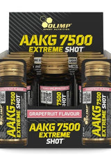 Olimp AAKG 7500 Extreme Shot display with grapefruit flavor, showcasing 9 x 25 ml bottles for high-powered L-arginine.