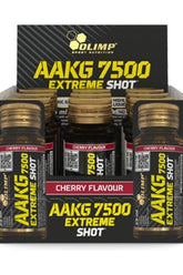 Olimp AAKG 7500 Extreme Shot display box featuring cherry flavor ampoules, designed for energy and performance.