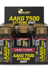 Olimp AAKG 7500 Extreme Shot display box featuring cherry flavor ampoules, designed for energy and performance.