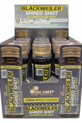 Olimp Blackweiler Shred Shot display with lemon apple flavor, featuring multiple 60 ml energy supplement shots.