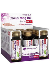 Olimp Chela-Mag B6 Forte Shot with 375 mg magnesium in a box of 9 vials for muscle and nerve support.