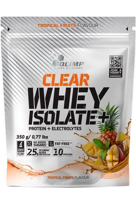 Olimp Clear Whey Isolate+ protein powder packaging with tropical fruits flavor, highlighting electrolytes and zero added sugars.