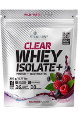 Olimp Clear Whey Isolate+ Wild Fruits flavor protein powder packaging, featuring electrolytes and no added sugars or fat.