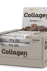 Olimp Collagen Bar in chocolate flavor, displayed in a box containing multiple 44g bars.