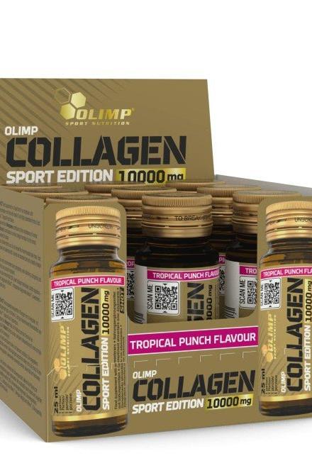 Olimp Collagen Sport Edition 10000 mg bottles in Tropical Punch flavour, convenient collagen supplement for health.