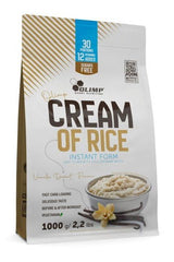 Olimp Cream of Rice packaging, 1000g, instant form for fast carb loading pre and post workout, vanilla flavor.
