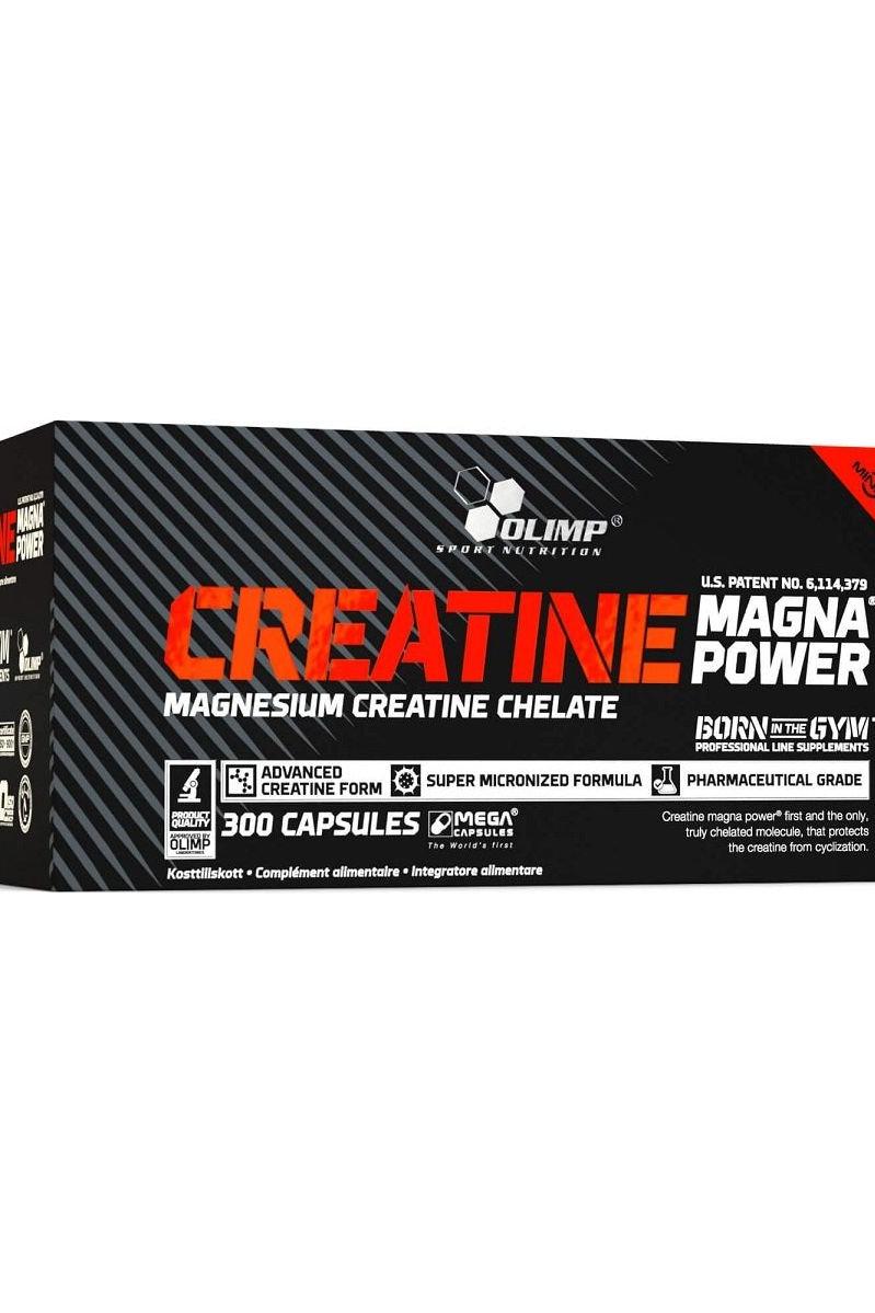 Olimp Creatine Magna Power packaging, featuring 300 capsules for enhanced strength and muscle volume support.