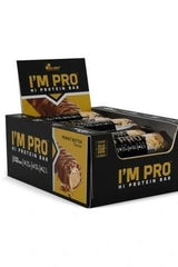 Olimp I'M PRO Protein Bar box showcasing chocolate and peanut butter flavors, ideal for muscle growth and healthy snacking.