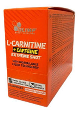 Olimp L-Carnitine + Caffeine Extreme Shot package with 10 ampoules, orange flavour, high bioavailability.