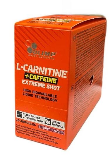 Olimp L-Carnitine + Caffeine Extreme Shot box, 10 ampoules, cherry flavor, for energy boost and fat burning.