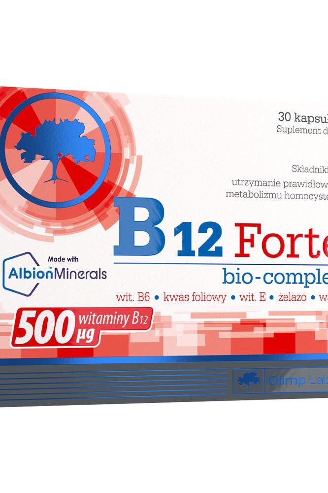 Olimp Labs B12 Forte Bio-complex packaging with 30 capsules, featuring 500 µg vitamin B12 and key health benefits.