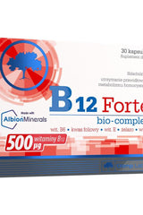 Olimp Labs B12 Forte Bio-complex packaging with 30 capsules, featuring 500 µg vitamin B12 and key health benefits.
