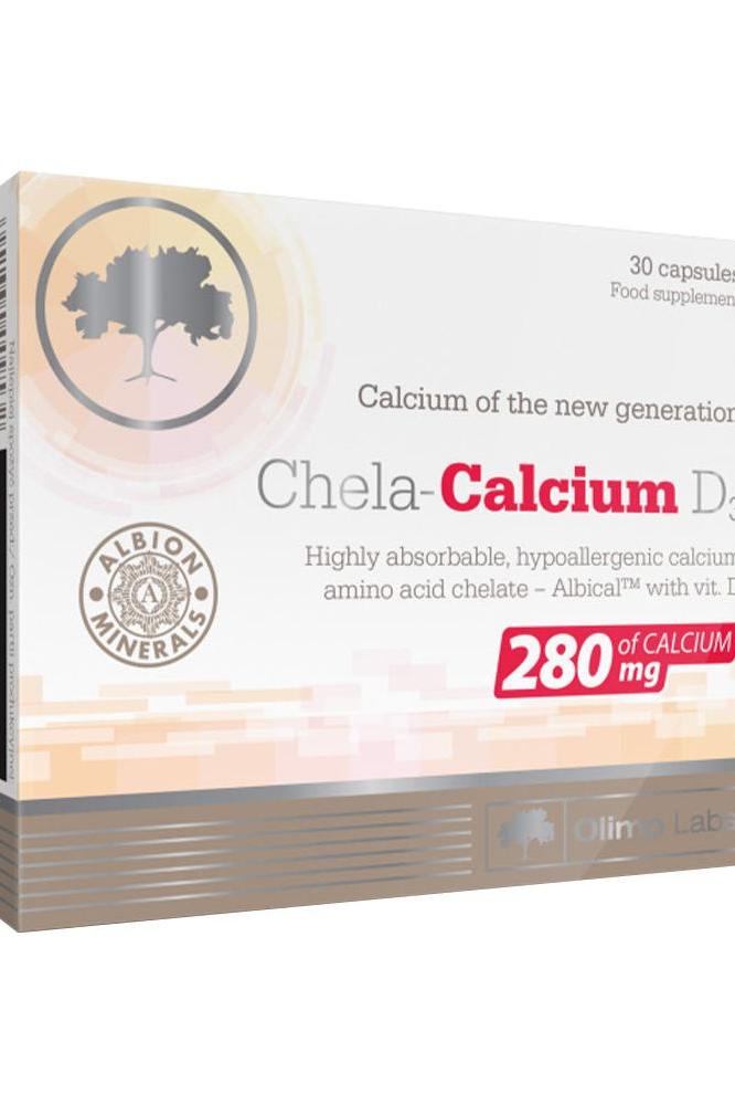 Olimp Labs Chela-Calcium D3 box with 30 capsules, featuring highly absorbable calcium and vitamin D3.