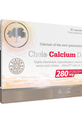 Olimp Labs Chela-Calcium D3 box with 30 capsules, featuring highly absorbable calcium and vitamin D3.