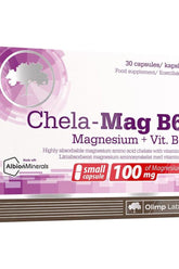 Olimp Labs Chela-mag B6 packaging, 30 capsules for magnesium and vitamin B6 supplement.