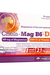 Olimp Labs Chela-Mag B6+D3 supplement box, contains 30 capsules with magnesium and vitamin D3.